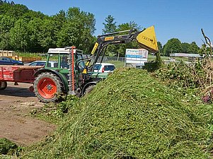 Traktor mit Anhänger beim Abladen von Grüngut