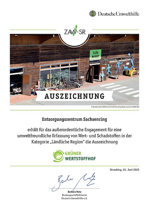 Urkunde "Grüner Wertstoffhof"