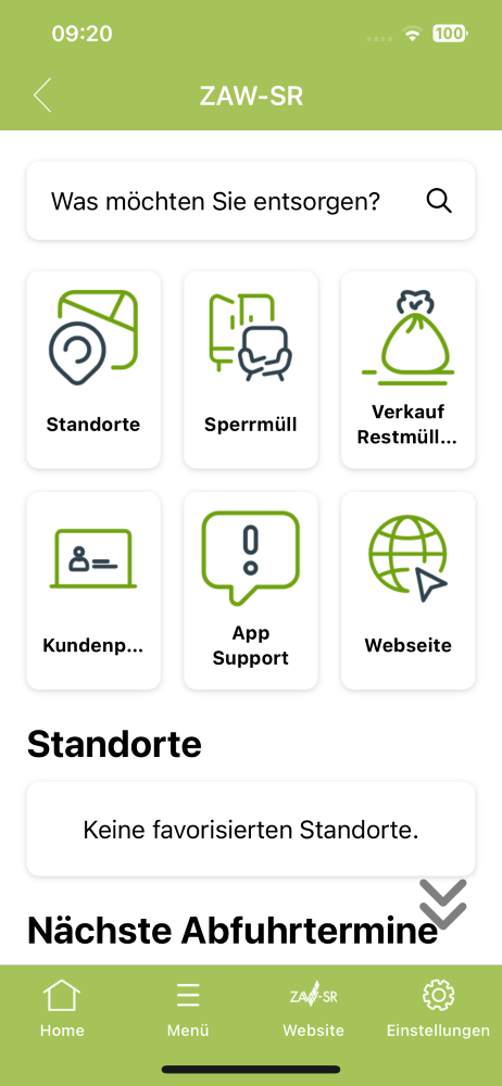 Neuer Startscreen der ZAW-SR-App